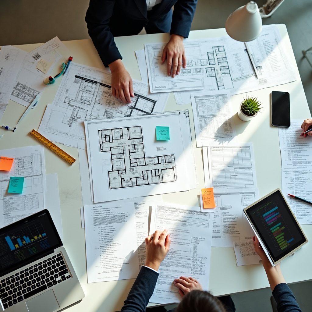 Planning workspace with floor plans, schedules and logistics documentation spread across table
