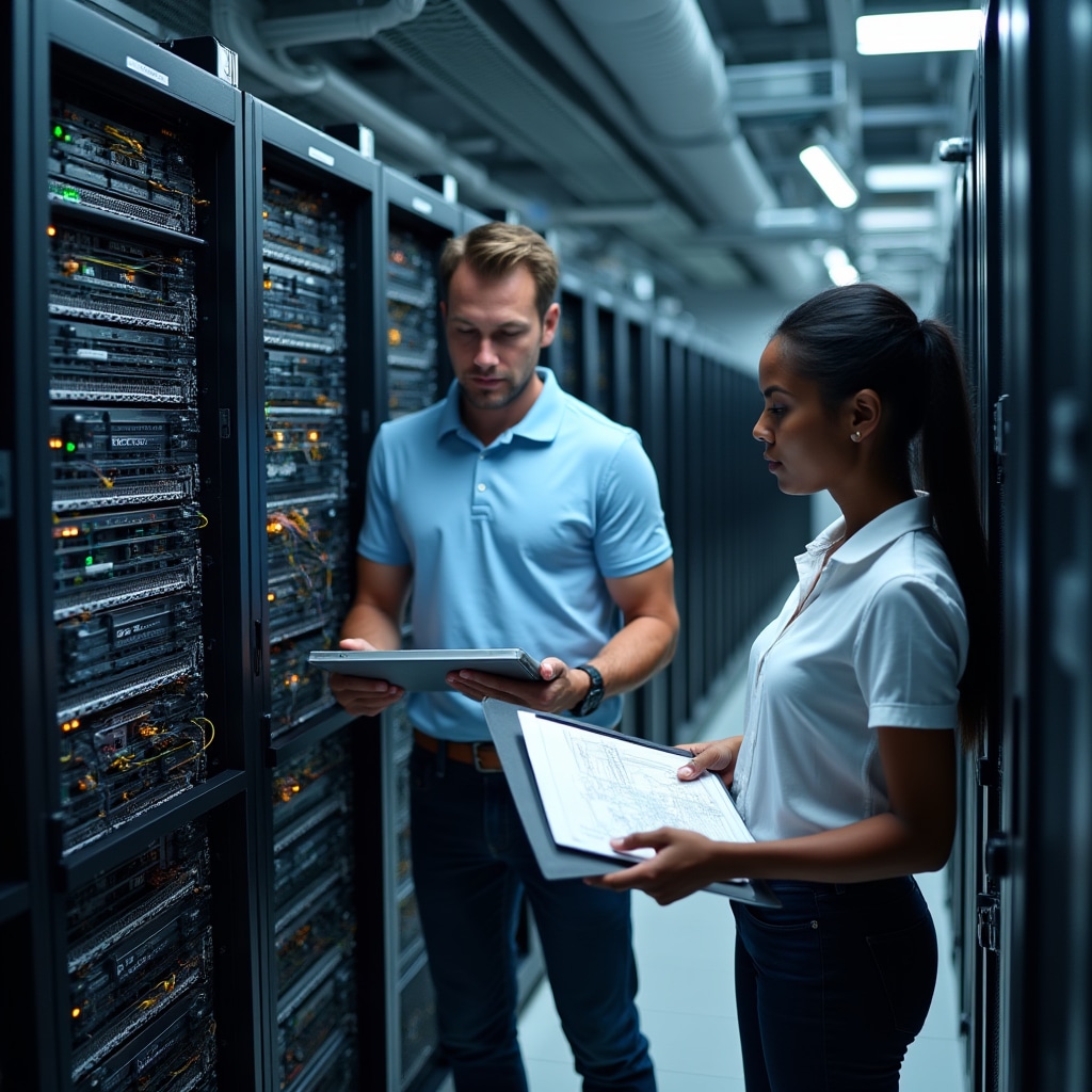 Professional IT technicians managing server relocation and network setup