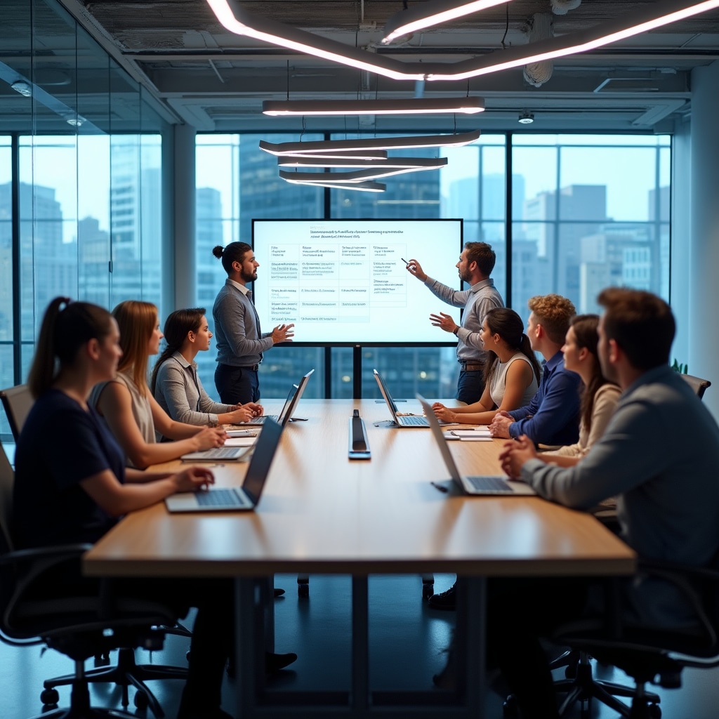 Business team meeting discussing relocation plans and updates